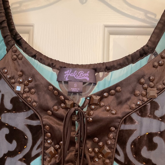 Hale Bob Turquoise/Brown Burnout Velvet Embellished Tunic - S - Picture 10 of 12